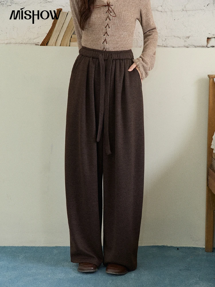 MISHOW Marrone Pantaloni a gamba larga per le donne2025 Inverno Addensato Caldo Coulisse Cintura Retro Pantaloni Casual Donna MXE87K1126