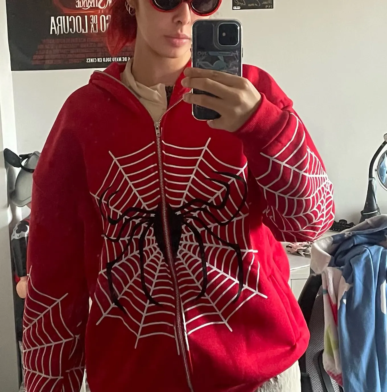 

2023 Women Streetwear Hoodies Spider Web Red Zip Up Hoodies Grunge Oversized Sweatshirt Gothic Harajuku Men Jackets Y2k Clothes