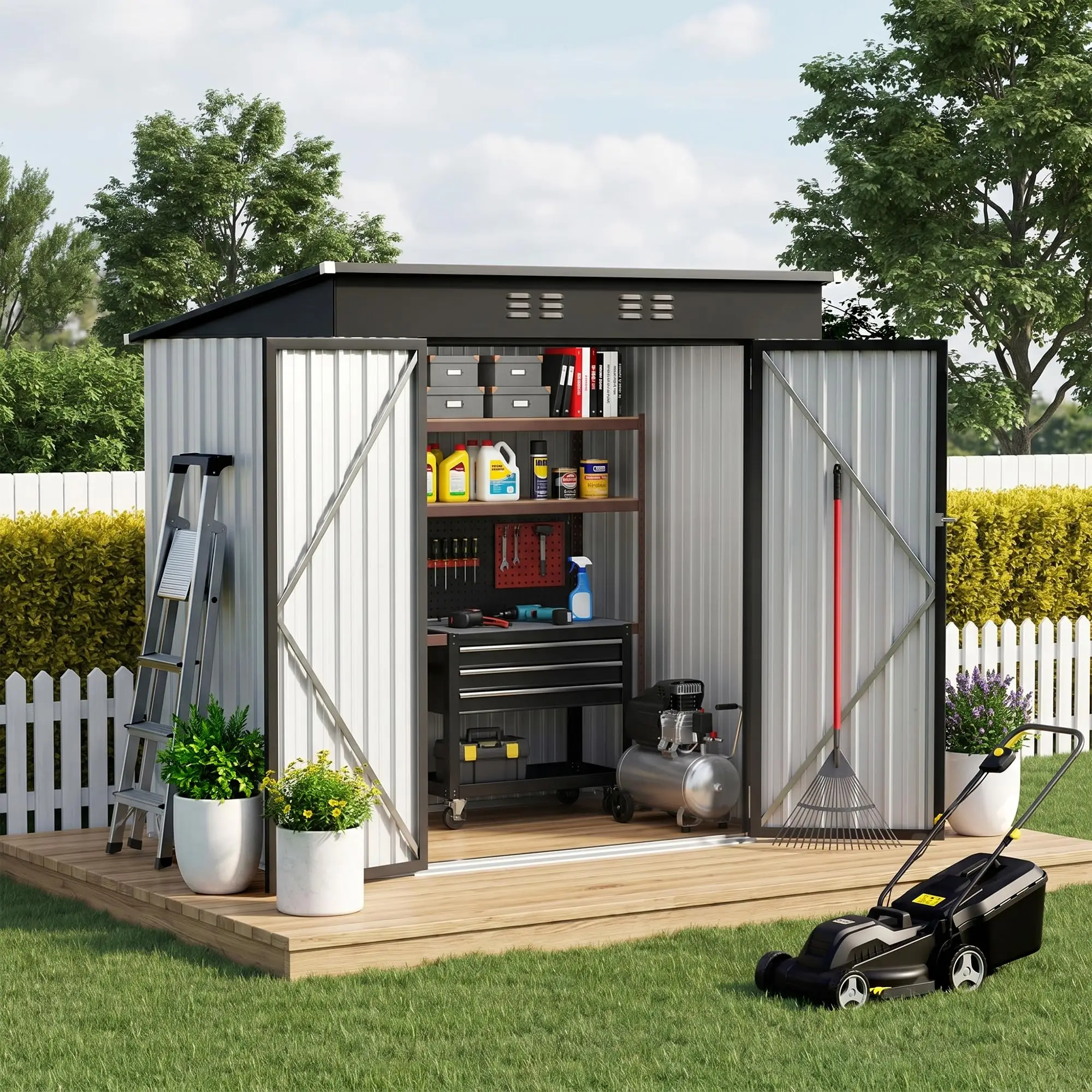 6 x 4 FT Outdoor Storage Shed, Waterproof Metal Garden Tool Shed with Sloped Roof, Lockable Door & Air Vents for