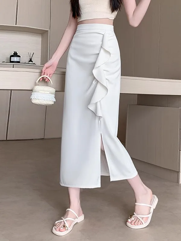 

Юбка миди Bloom, облегающая, плиссированная, с боковым разрезом, стройнящая, длинная, из полиэстера, с высокой талией, А-силуэт, H-образная, цветная