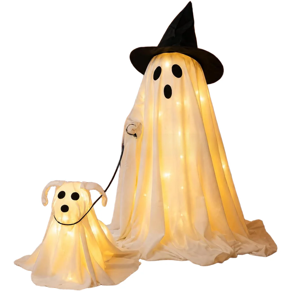 Quick Hassle-free Halloween Ornament Setup Halloween Wizard Figure Witch Walking Dog Set Halloween Decorations