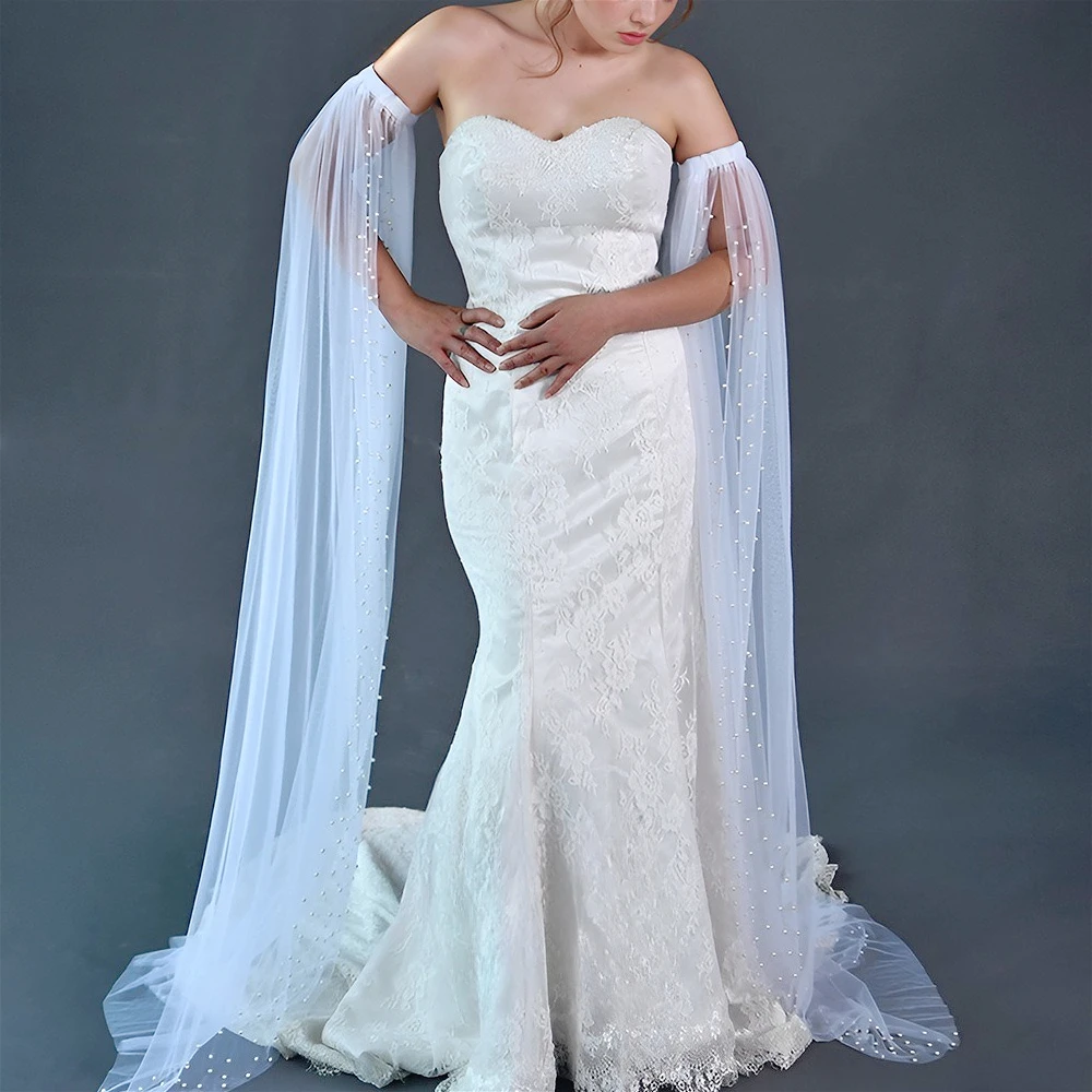 

1.5m Pearls Beading Bridal Shawl Removable Sleeves Girlfriend Wedding Bolero Covered for Party Dress Wedding Accessories White