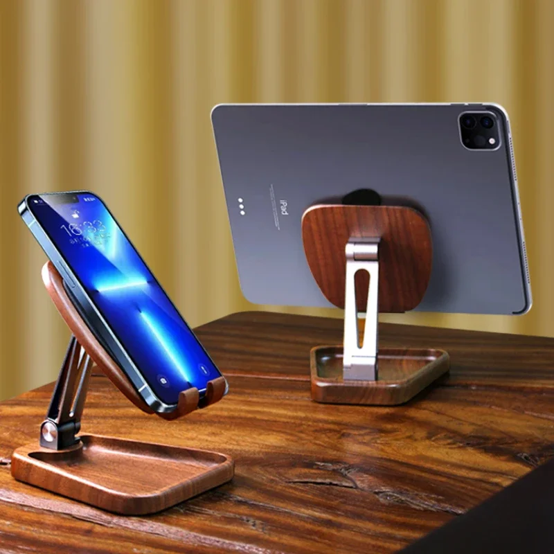 Black Walnut Wood Foldable Lazy Person Mobile Phone Stand Desktop Live Broadcast Suitable for Apple Huawei Racks Home Storage