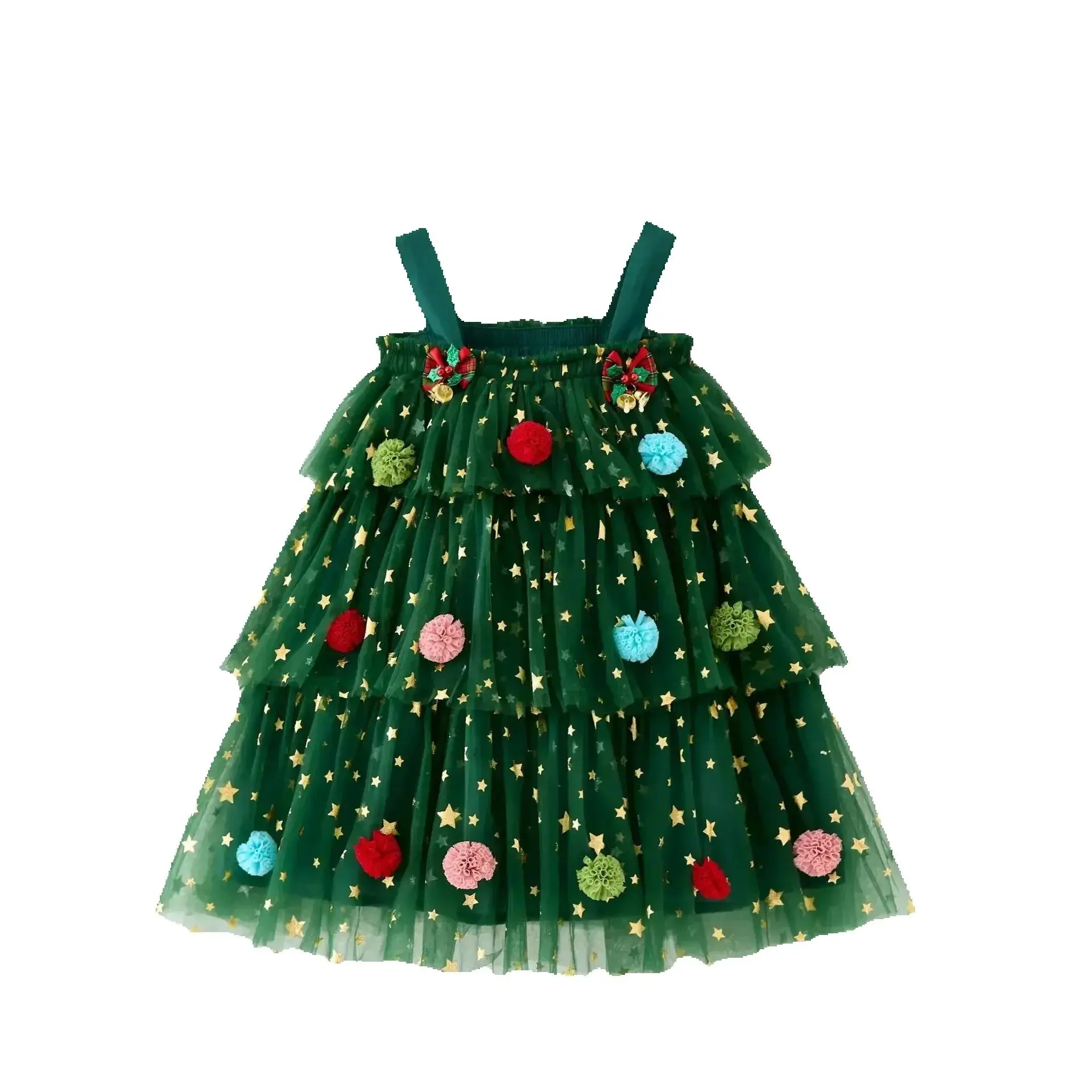 Baby Girls Christmas Tree Dress Sling Star Sequined Mesh Vestidos Layered Tulle Cake Dress with Plush Ball 1-6Y