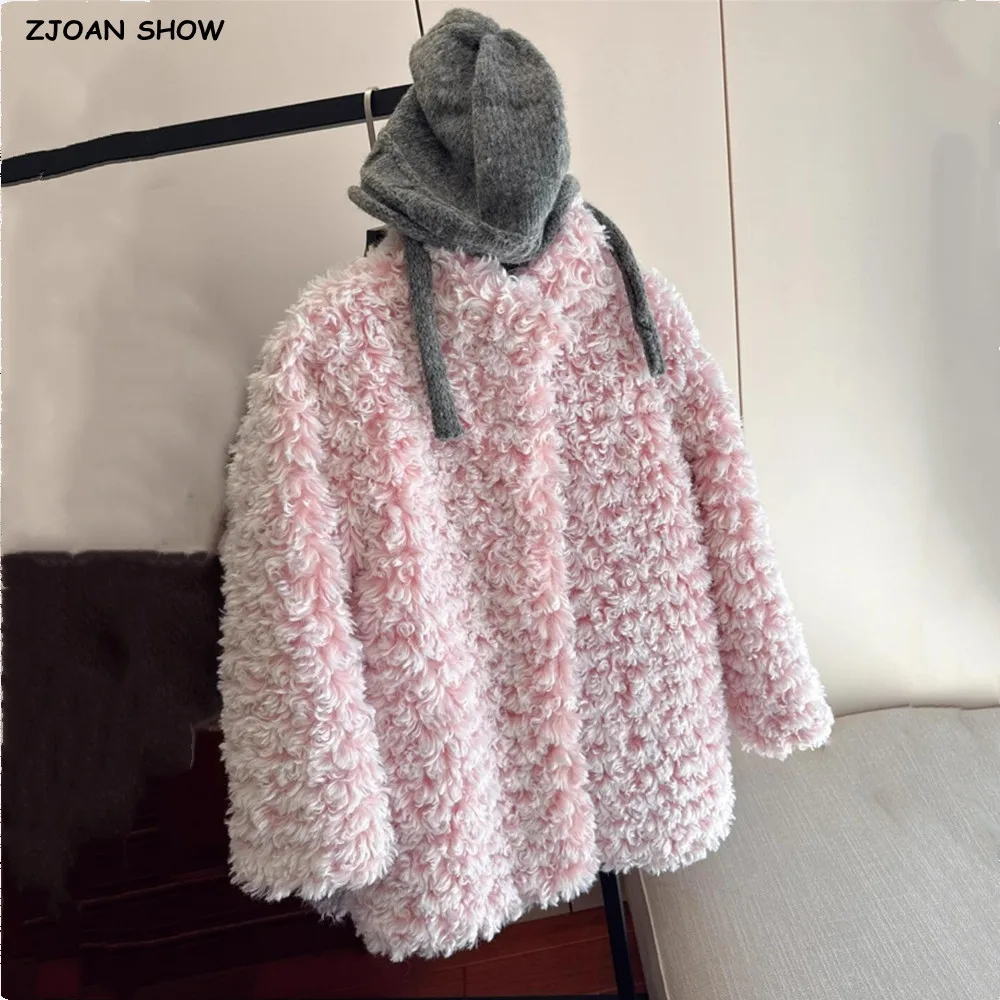 

New 2025 Winter Stand Collar Pink Circle Curly Hairy Faux Lamb Fur Coat Vintage Women Full sleeve Shaggy Jacket Midi Outerwear