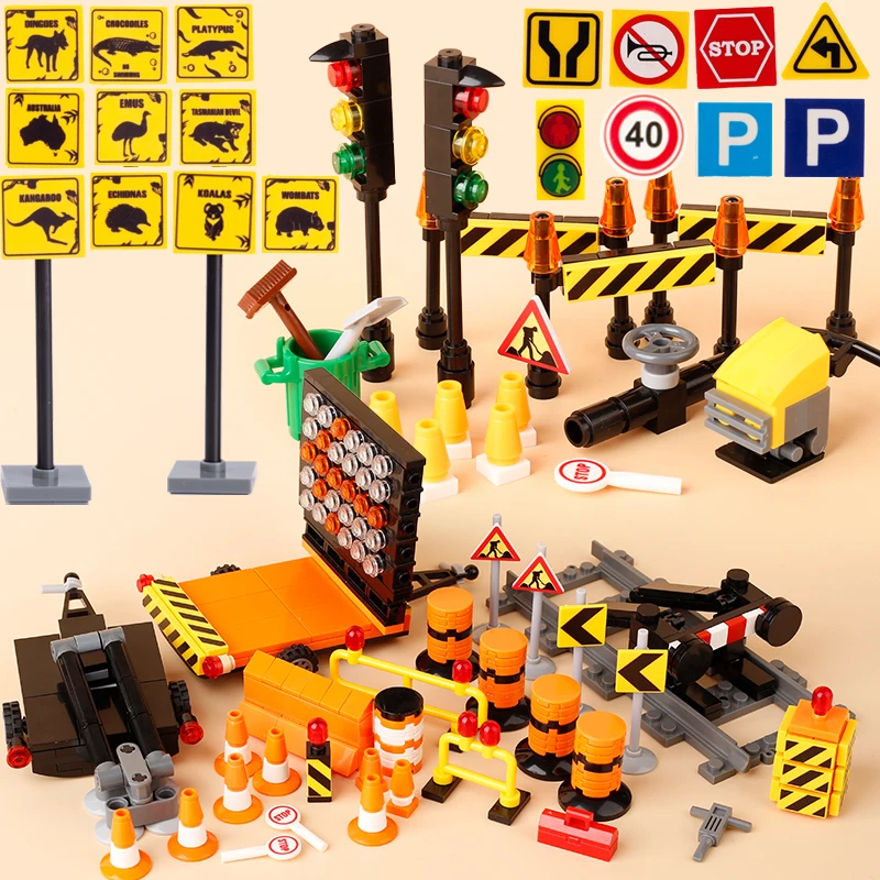 MOC City Traffic Signs Building Blocks Road Barrier Building Blocks Speed Bump Cone Parking Lot Wild Animals Street Bricks Toys