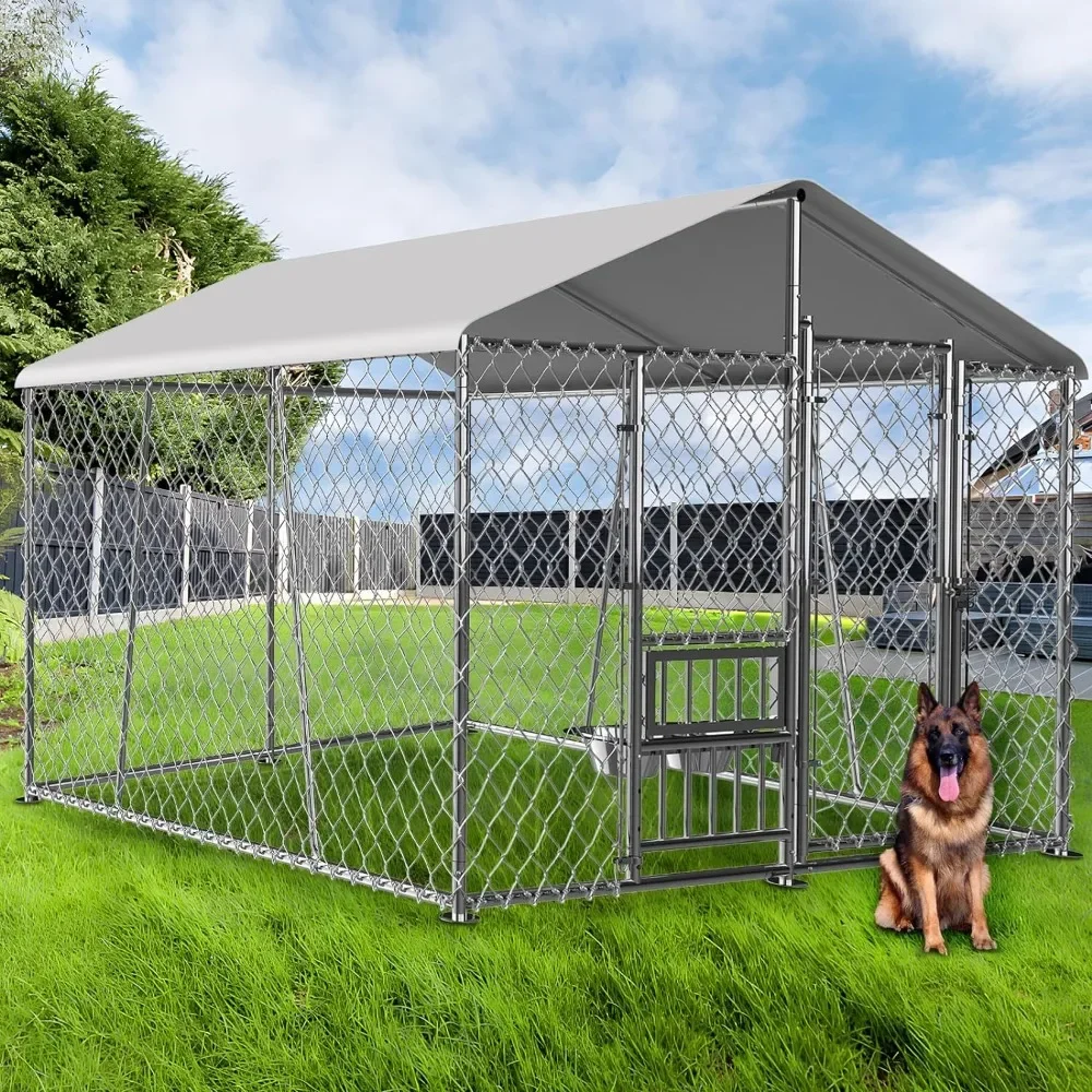 

Outdoor dog house with roof and bowl, large dog house fence with side rails, heavy-duty chain dog house with open feeding door