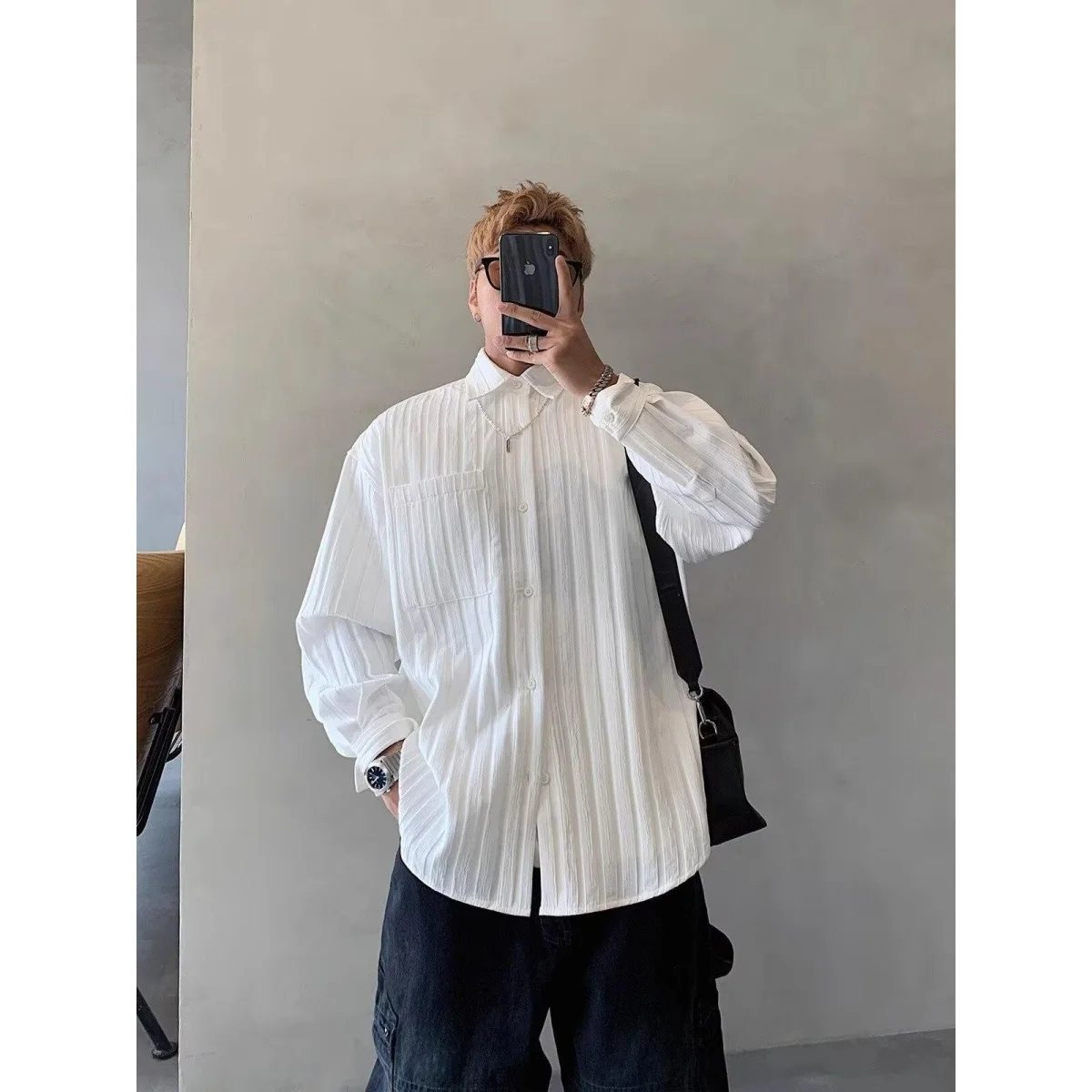 

Men's Casual Loose Long Sve irt Pleated Texture Stripe Design Spring Autumn Drapey Faionable Polyester Fiber irt