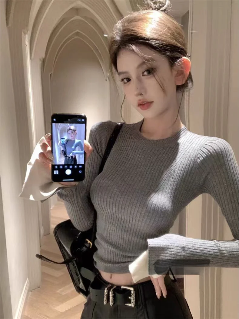 

Женская трикотажная базовая футболка с рукавами-колокол для ранней весны, в стиле Sexy Pure Desire Spicy Girl, Name Lady Small Fraance Sle Sw...