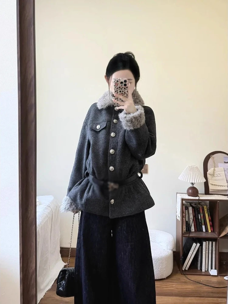 

Autumn Winter Women's Mid-Length Woolen Coat Belted Warm ey Lapel Loose Fit Korean Sle Commute Thiened Long Sve