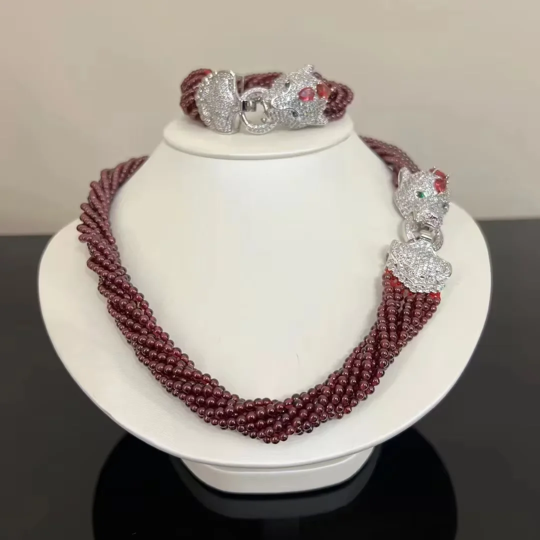 

12 Rows Natural Smooth Round Red Garnet Beads Necklace And Bracelet Gunmetal Color Plated Purple CZ Pave Clasp Set For Women