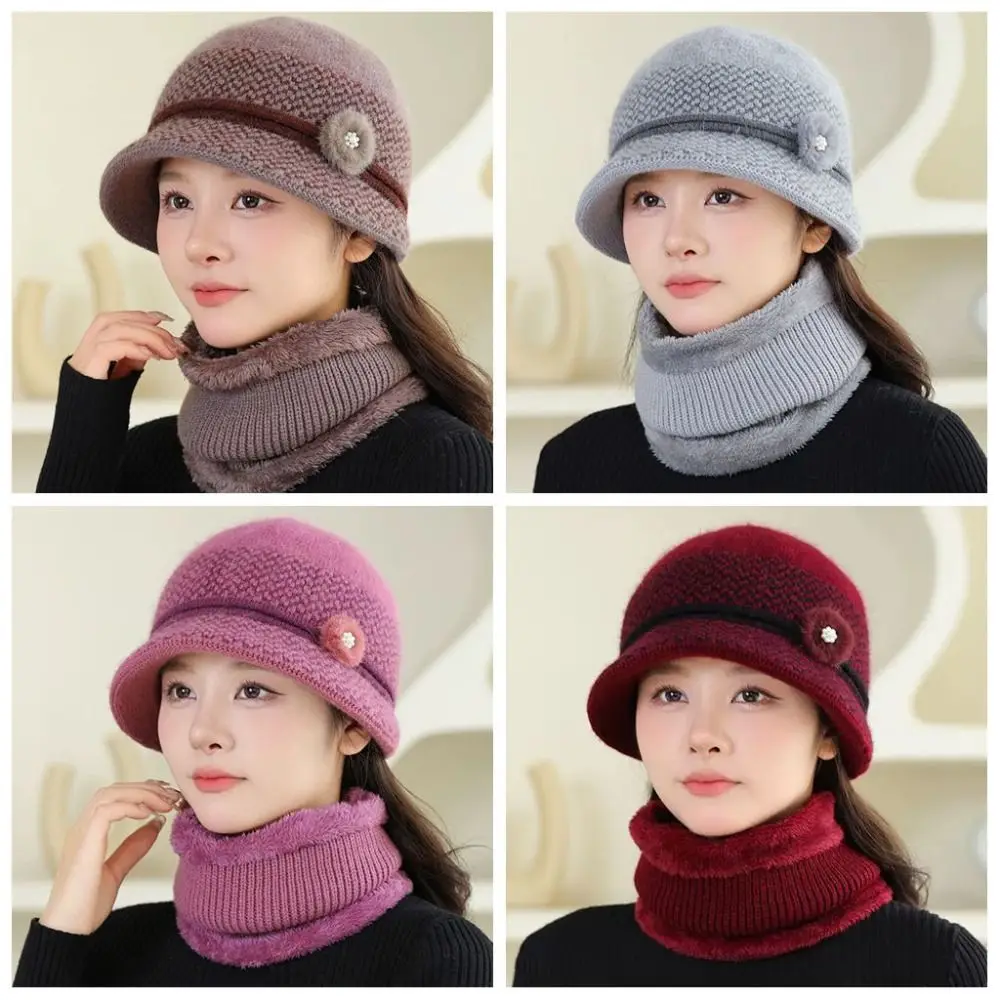 Gorro de invierno con decoración de flores para mujer, gorro de punto grueso y cálido con forro de piel, gorro térmico con forro polar para mujeres mayores