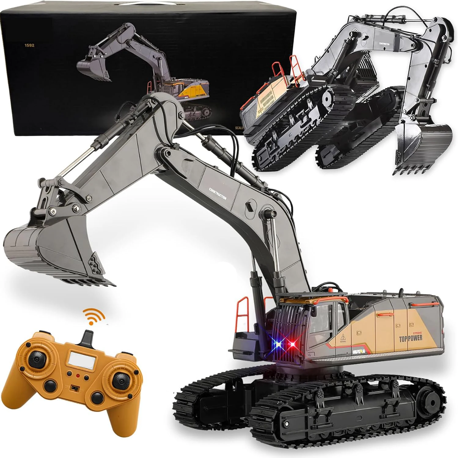 

Excavator Model 1592 Remote Control Excavator 1:14 Large 56CM (22 inches) 22 Channel Alloy Bucket Construction Vehicle