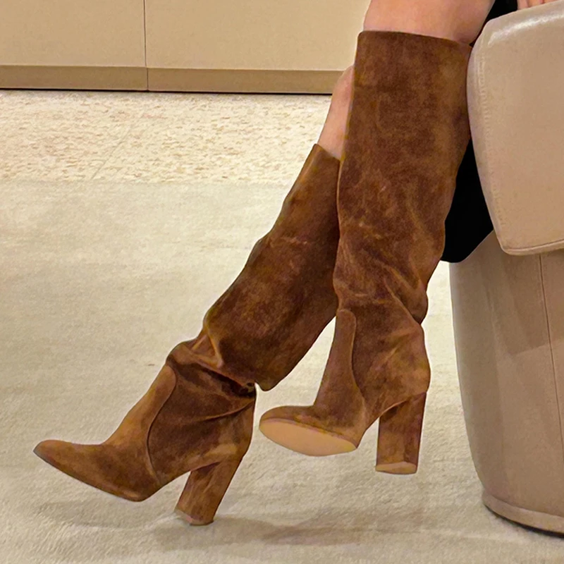 

Knee High Women's Boots High Heels Suede Designer Shoes Fashion Dress Woman Boots Winter 2025 New Chunky Mujer Chelsea Boots