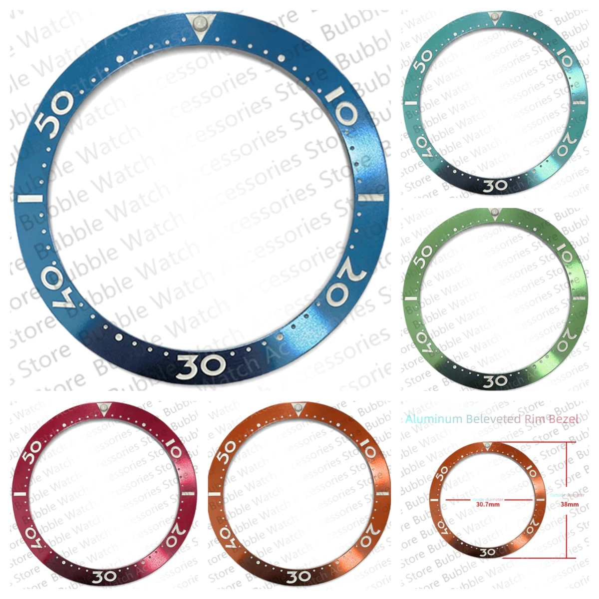 38mmx30.7mm Blue Green Red 10-50 Aluminium Bezel Insert Fit For skx rlx Men's Mechanical Watch