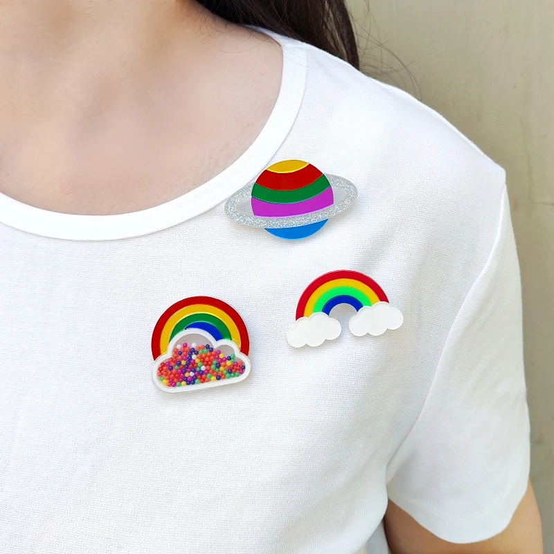 KUGUYS Rainbow Candy Colored Beads Brooches for Women Cloud Planet Acrylic Whimsical Fashion Jewelry Kawaii Accessories