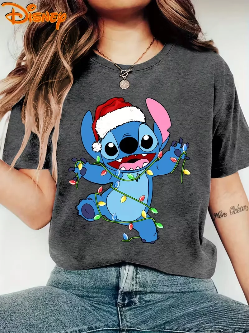 Disney Weihnachtsstich im Weihnachtsmütze mit Schneeflocken T-Shirt Vintage Damen Herren Baumwolle T-Shirt Kurzarm O-Ausschnitt Lässiger Urlaub