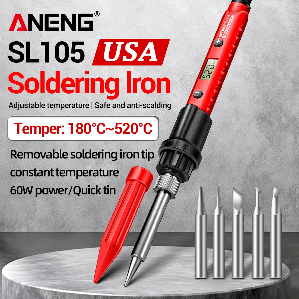 ANENG Electric Soldering Iron US Digital Display 180~520℃ Adjustable Temperature 60W High-Power Quick Welding Repair Tools SL105