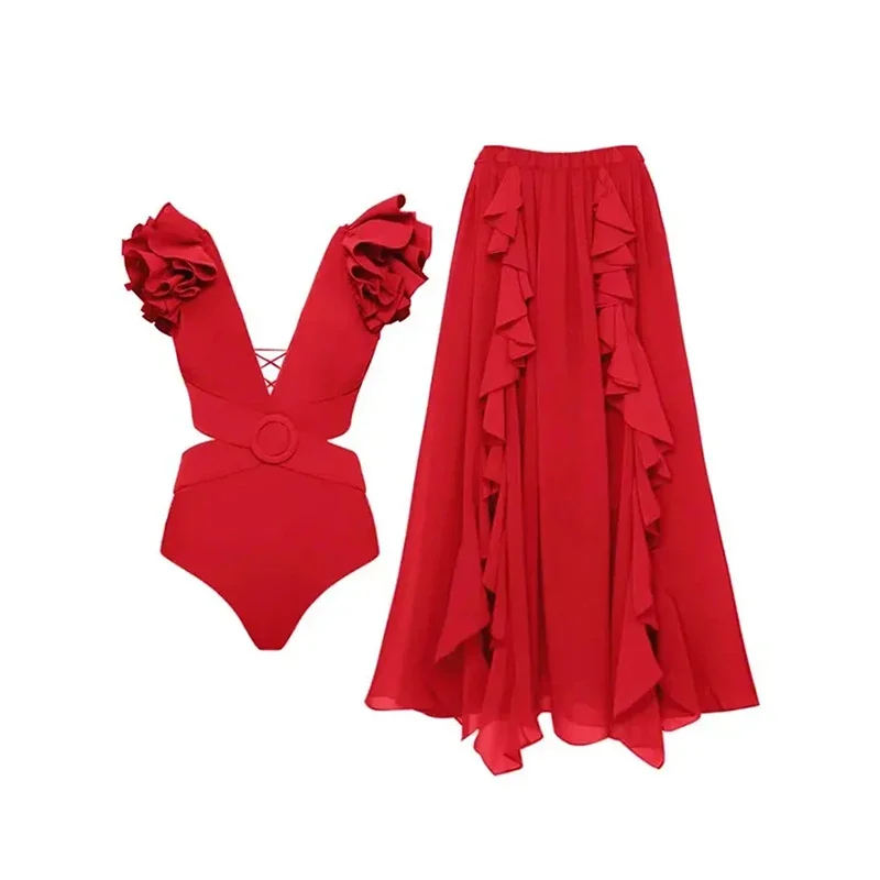 Sexy Women Swimwear One Piece Monokini V Neck Swimsuit Backless with Skirts Chiffon Red Solid Bathing Suit Beach Dress Full