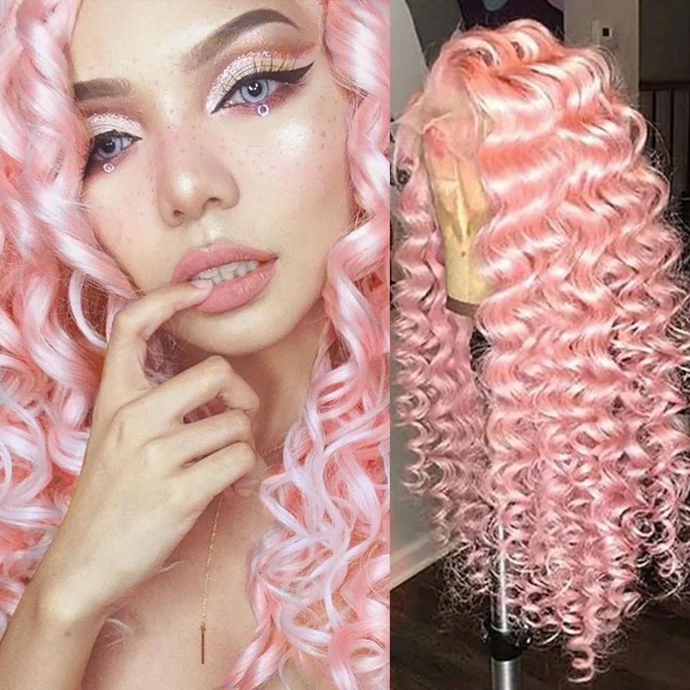 

RONGDUOYI Light Pink Curly Wig Lace Front Wig For Women Synthetic Hair Heat Resistant Lace Wig Blue Green Wigs Daily Use