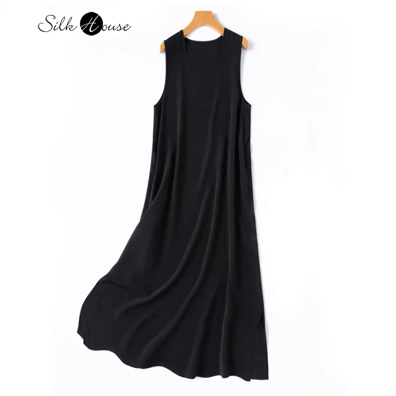 

Small Heavyweight U-neck 100% Natural Mulberry Silk Crepe De Chine Loose Straight Tube Casual Women's Sleeveless Black Dress