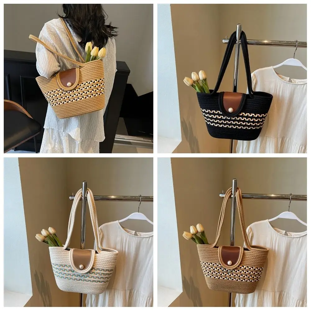 

Button Woven Straw Tote Bag Hollow Out Beach Handbag Braided Underarm Bag Bucket Bag Large Capacity Knitted Shoulder Bag Summer