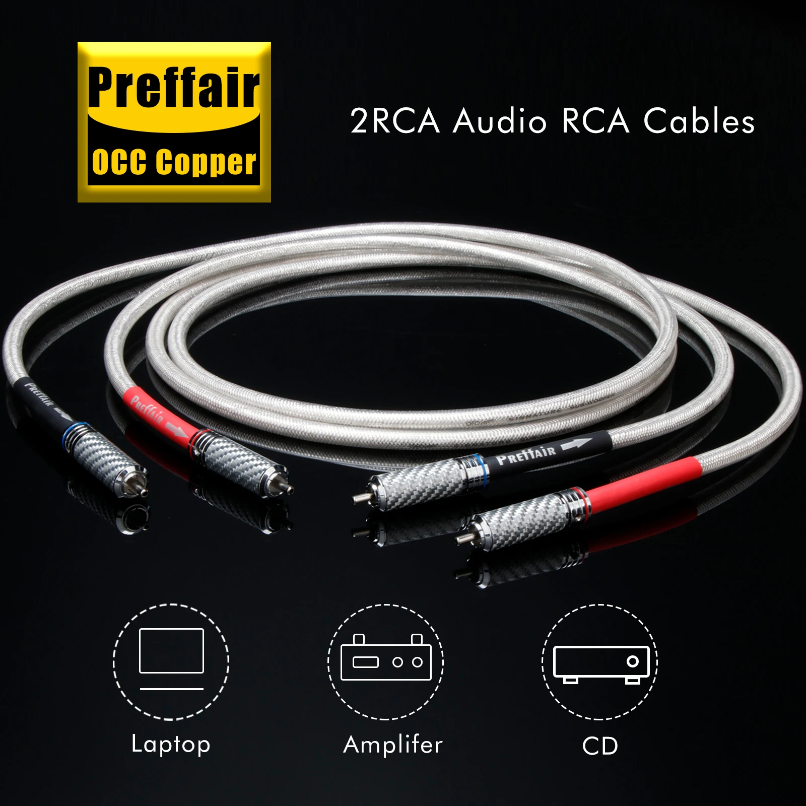 Paire de câbles RCA QED 7N OCC, câble Audio RCA plaqué argent avec connecteur RCA plaqué Rhodium en Fiber de carbone pour amplificateur