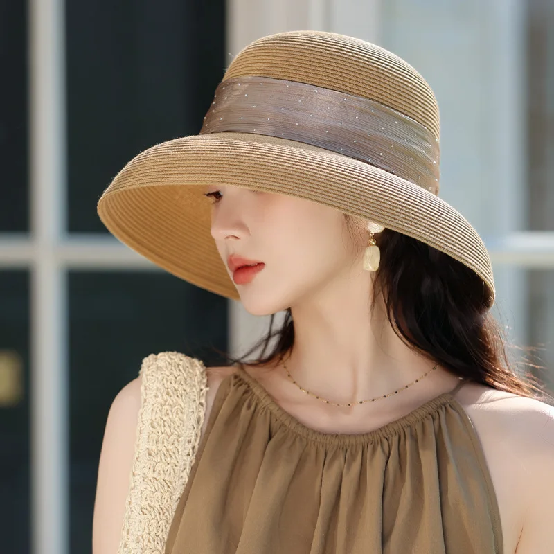 

Модная и элегантная соломенная шляпа Laffia во французском стиле от кутюр в стиле Хепберн, женская летняя пляжная солнцезащитная шляпа