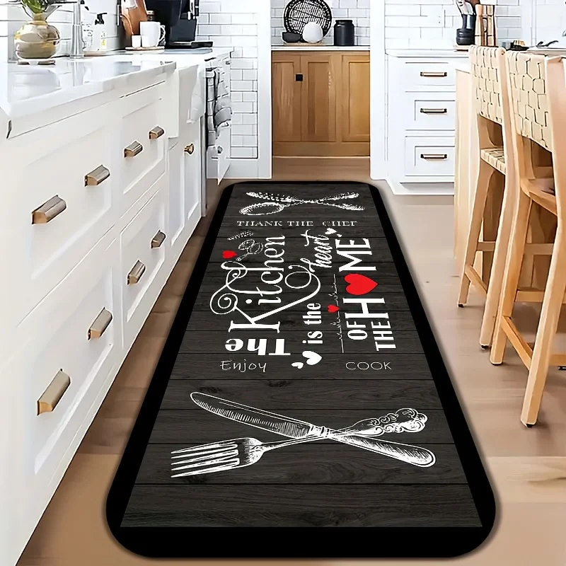 Vintage Kitchen Quote Long Runner Rug, Thank The Chef Fork Knife Print Non-Slip Absorbent Floor Mat for Kitchen, Easy-Clean Home