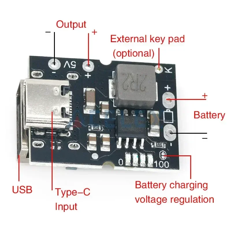 High-precision 5V2A charge-discharge integrated module Type-C input compatible with 4.2V lithium battery Boost Converter Step-Up