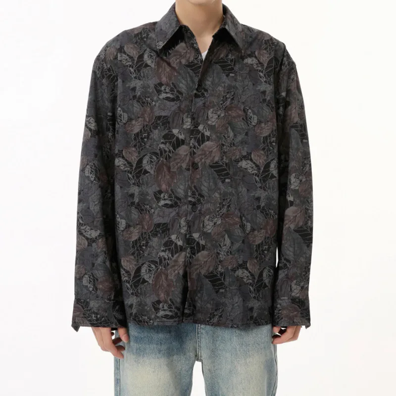 LEVIORTIN  Autumn New Product, niche retro light and thin hanging leaf print casual loose and versatile lapel long sleeved shirt