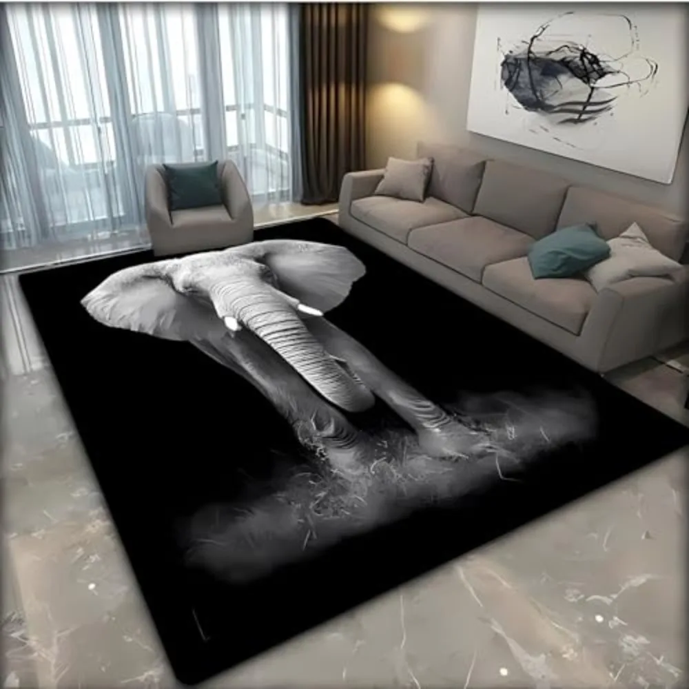Living Room Rug Giant Monochrome Mascot Silhouette Textured Trunk Layout Mist Dust Splatters Effect Solid Black Backdrop Floor
