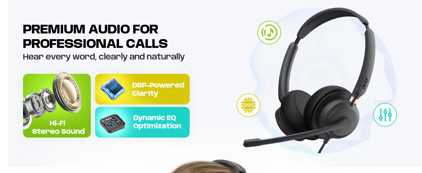 Acer USB-Computer-Headset mit Mikrofon für PC, Laptop, kabelgebundenes Headset für die Arbeit, 8 Fuß langes Kabel, Inline-Steuerung, kompatibel mit Teams, Zo – Detail 9