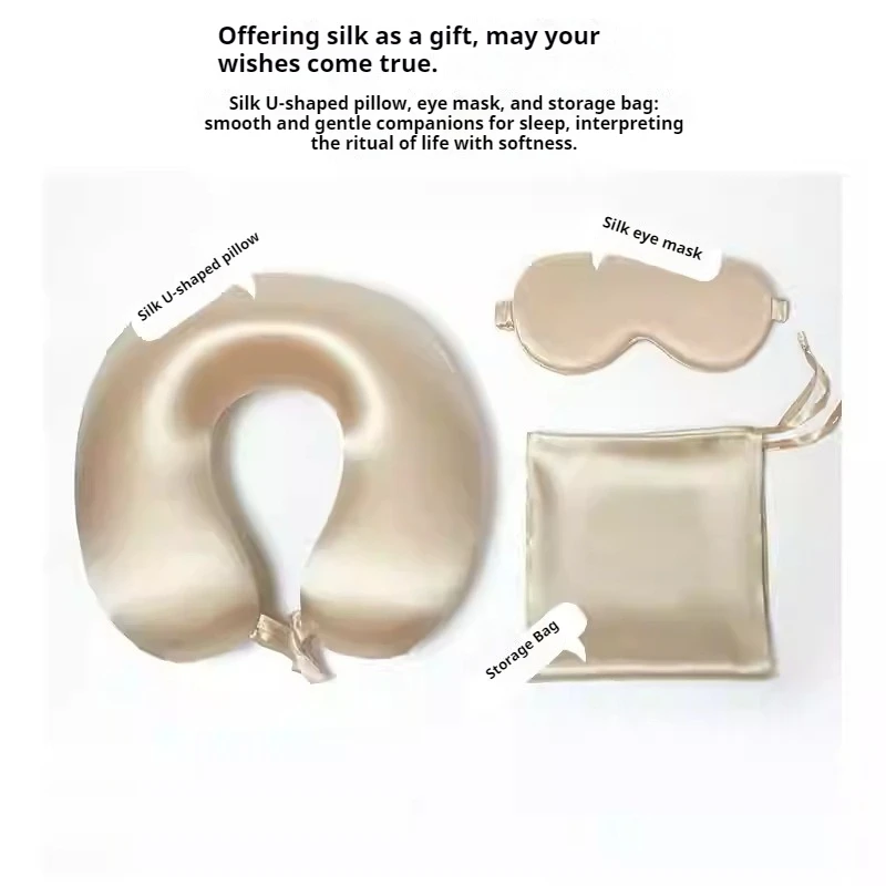 Silk Sleep Mask & U-Shaped Neck Pillow Set 100% Mulberry Silk 19 Momme  Travel Eye Mask & Pillow for Comfort Gift，Mother's Day