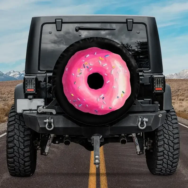 Spare Tire Cover with pink donut, Rear camera hole, Donut spare tire cover for Jeep, for Bronco, Pink Spare Tire Cover, Unique T