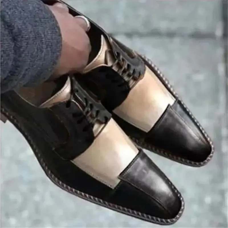 Fashion Personality Derby Shoes Men Shoes Business Casual Wedding Daily Wild Square Head PU Color Matching Lace-up Dress Shoes