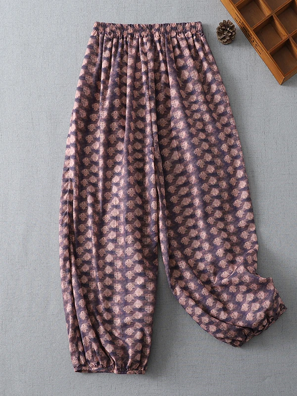 Retro Floral Cotton Linen Lantern Pants Women Summer Loose Slimming Casual Nine Points Pants Elastic Waistband Breathable