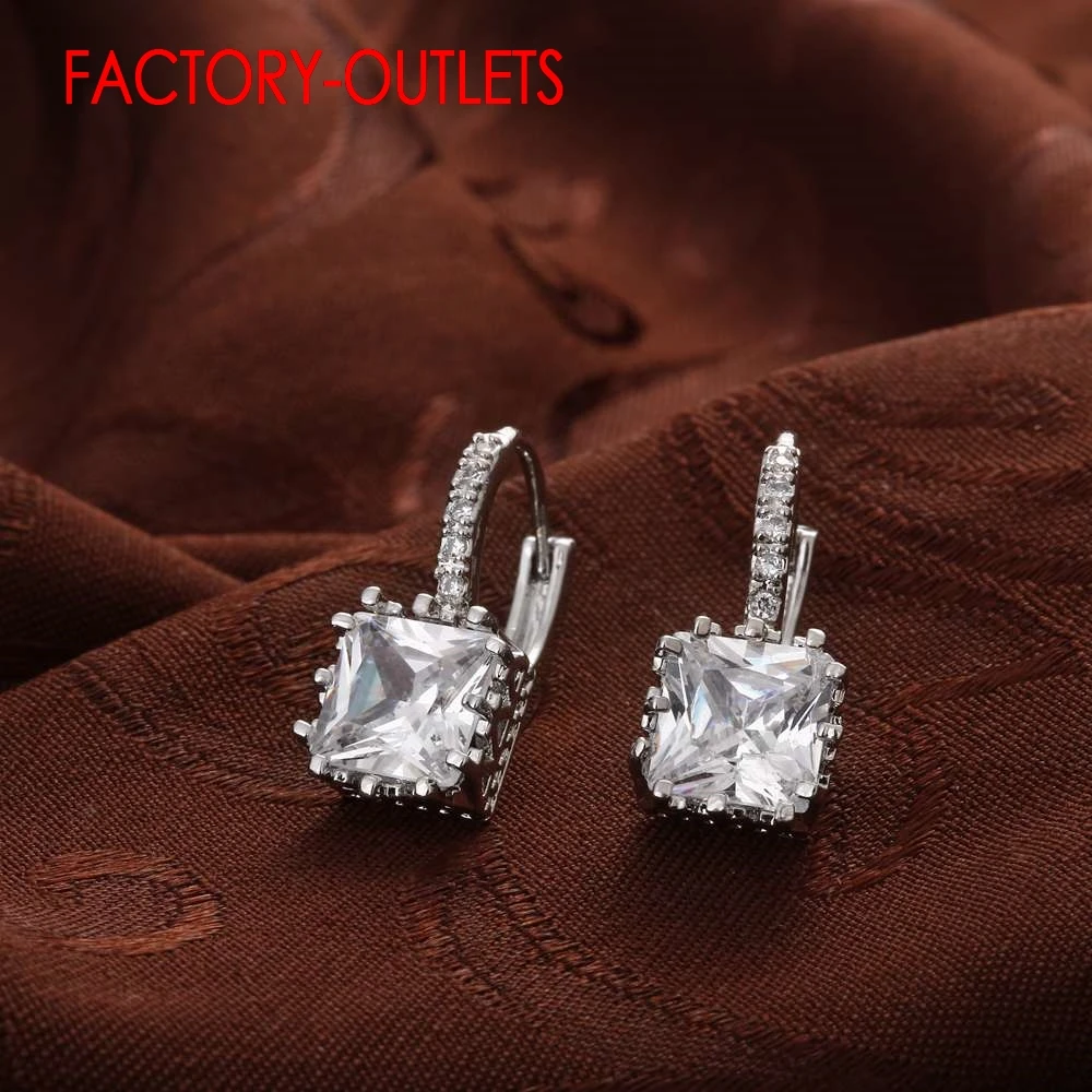 New Arrival 925 Sterling Silver Earrings For Women Big Shiny Crystal Square CZ Crystal Earring Bride Wedding Earring Accessories
