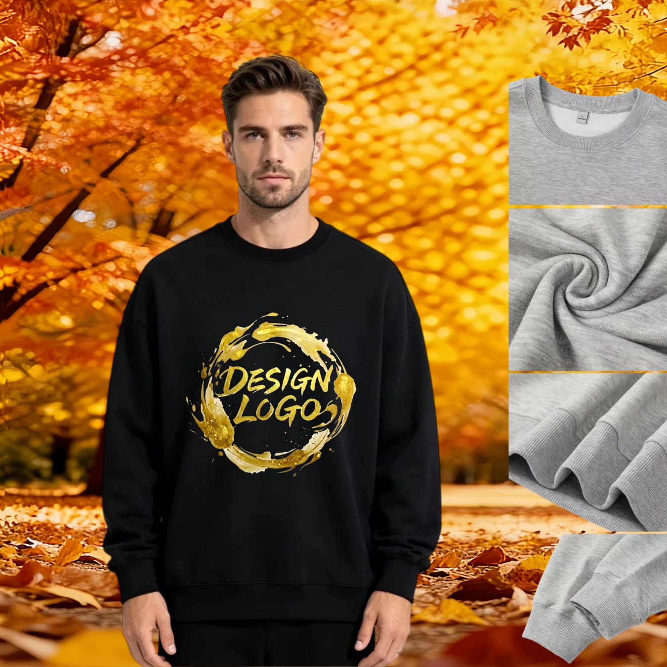 Unisex dropped-shoulder crewneck sweatshirt, customizable printed logo, loose long-sleeve pullover for fall and winter
