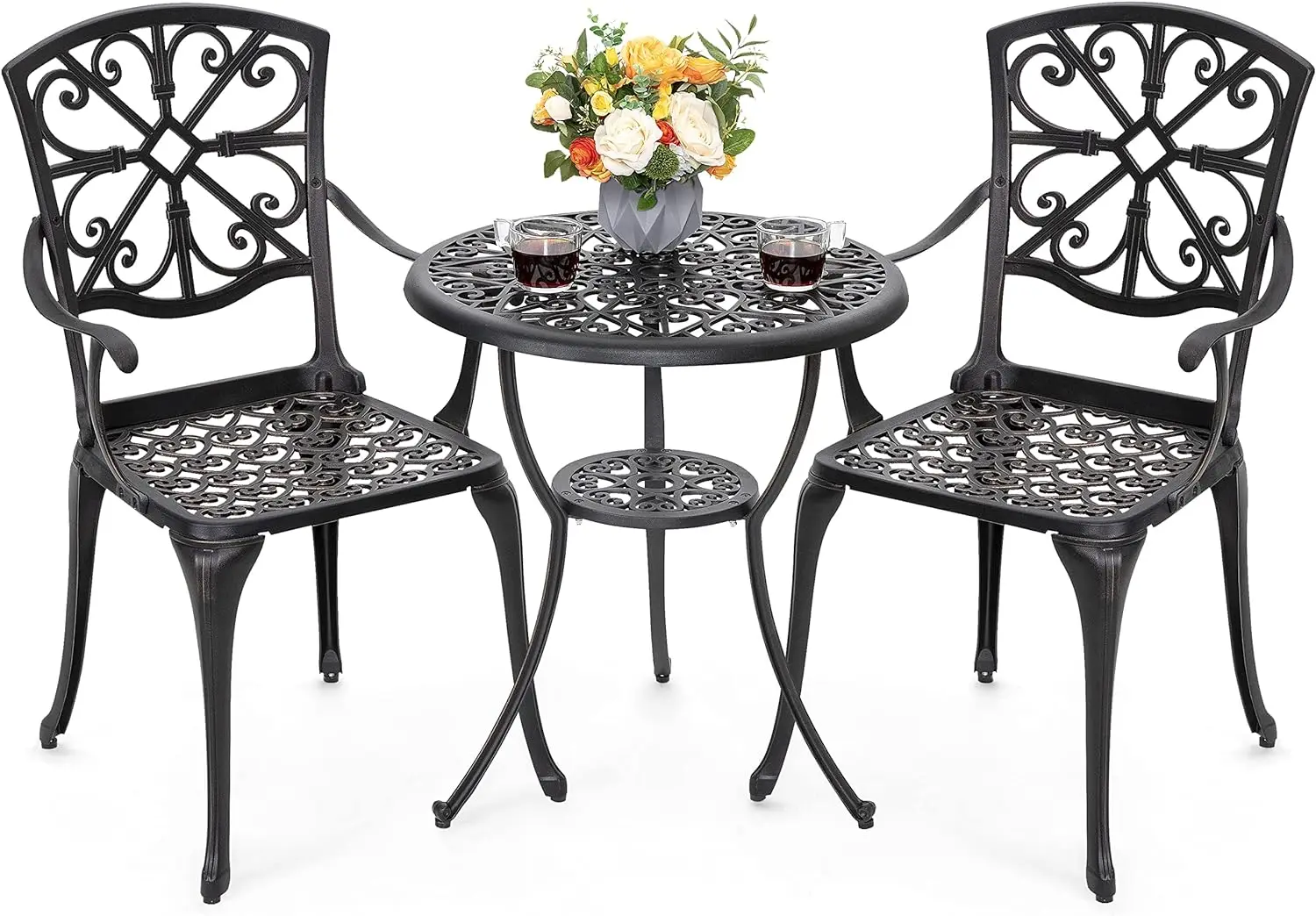 

3 Piece Bistro Table Set Cast Aluminum Outdoor Furniture Weather Resistant Patio Table and Chairs with Umbrella Hole for Yard