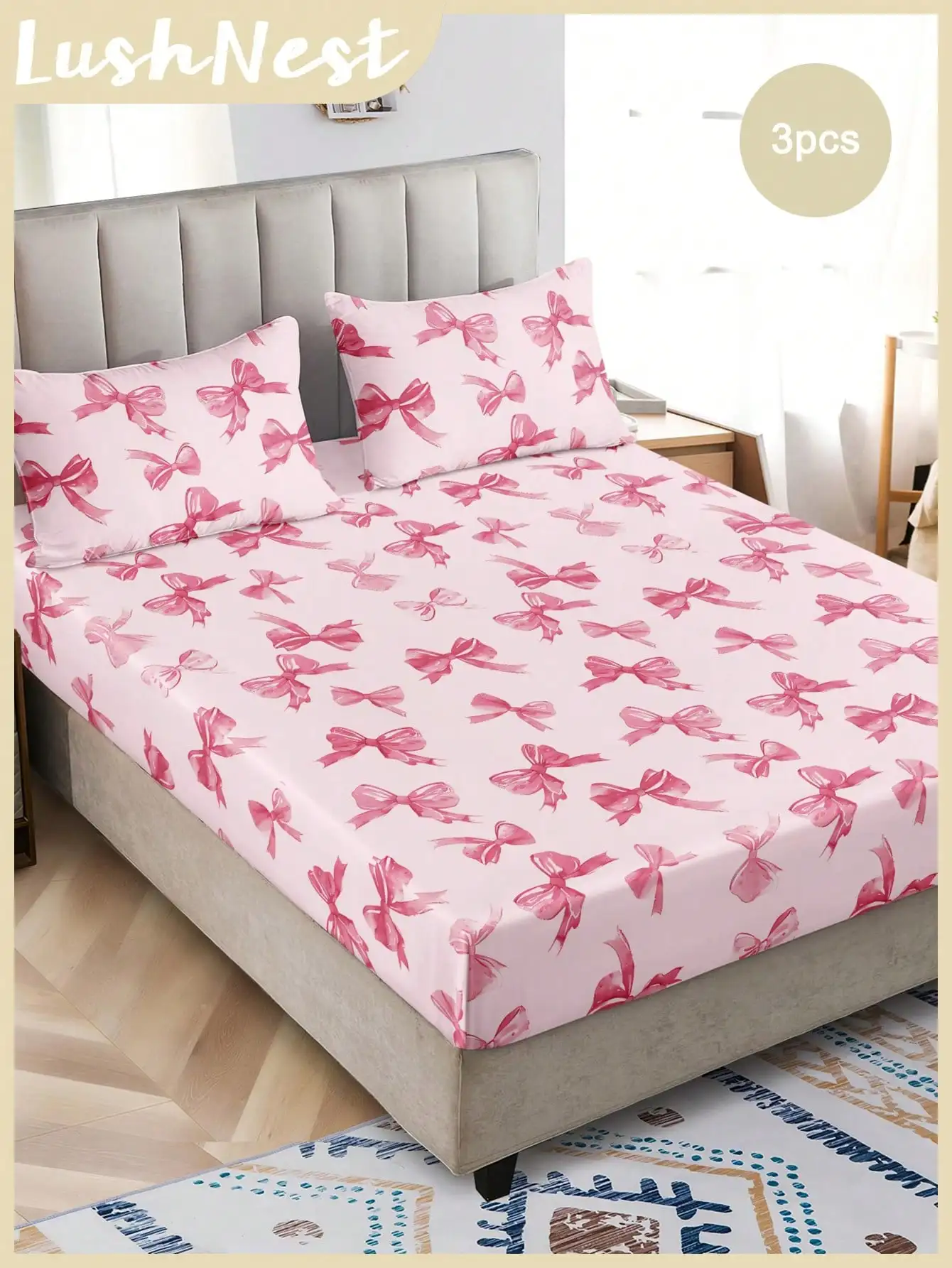 

Комплект постельного белья из 3 предметов с акварельным розовым принтом в виде бантиков - 1 простыня на резинке + 2 наволочки