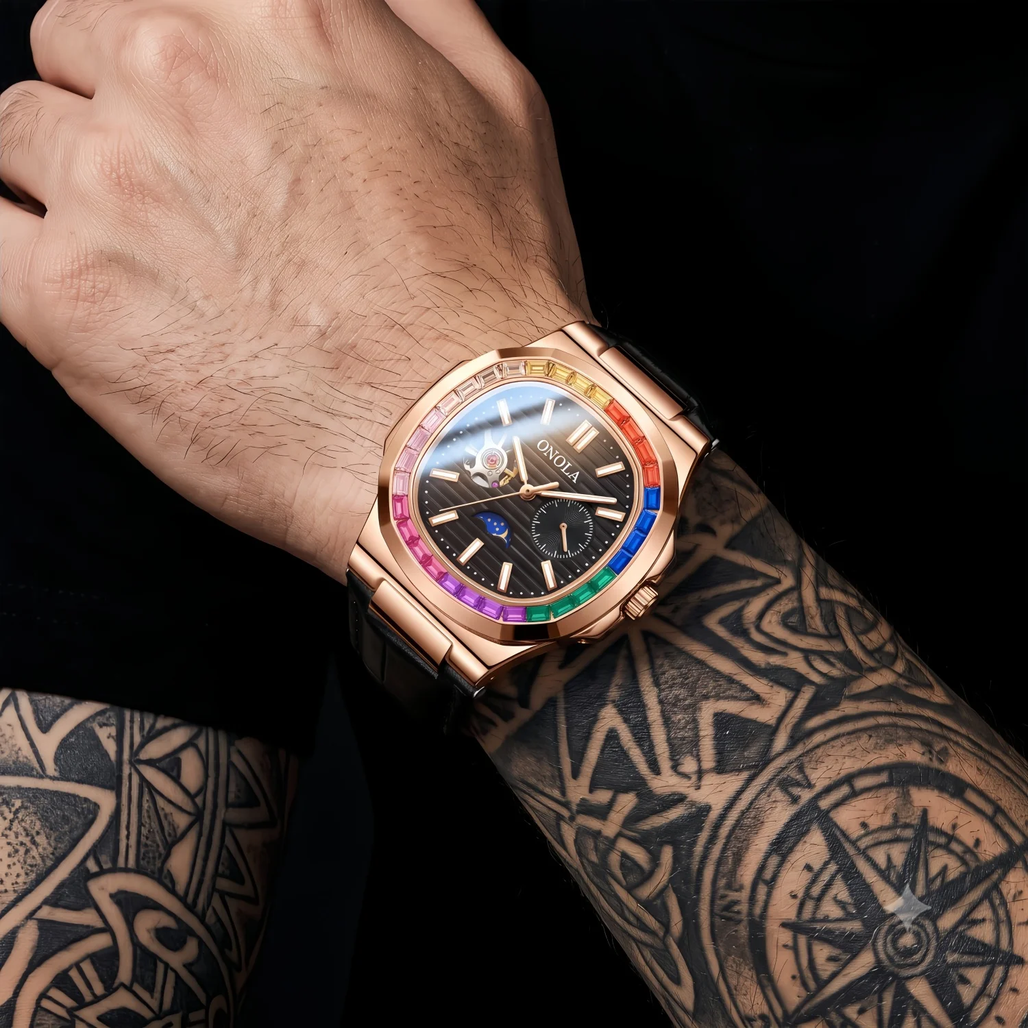ONOLA men's mechanical watch alloy case, waterproof moon phase open dial rainbow rectangular crystal, gift for him