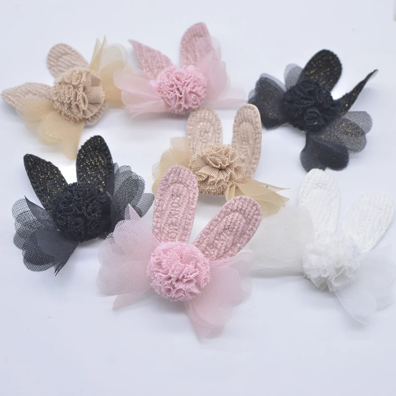 Wholesale 100Pcs Rabbit Ear with Chiffon Ball for DIY Clothes Hat Shoes Sewing Applique Headwear Hair Clips Decor Accessories