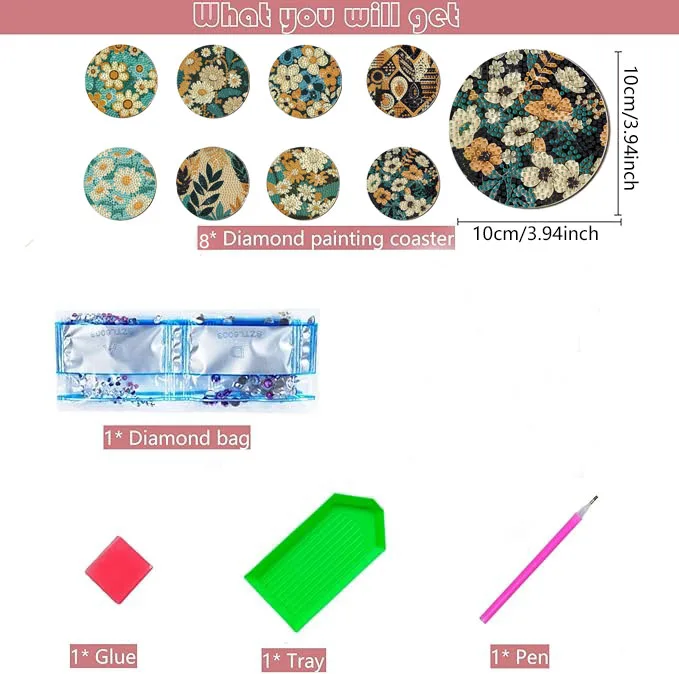 8 Pieces DIY Diamond Painting Art Set Flower Pattern Coaster Special Shape Crystal Artificial Diamond Mosaic Craft view 2