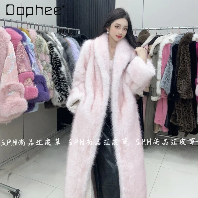 Peach Powder Faux Fur Coat Long Women Suit Collar Thickened Warm Jacket Winter Clothes Women Fashion Coats Fluffy Jacket