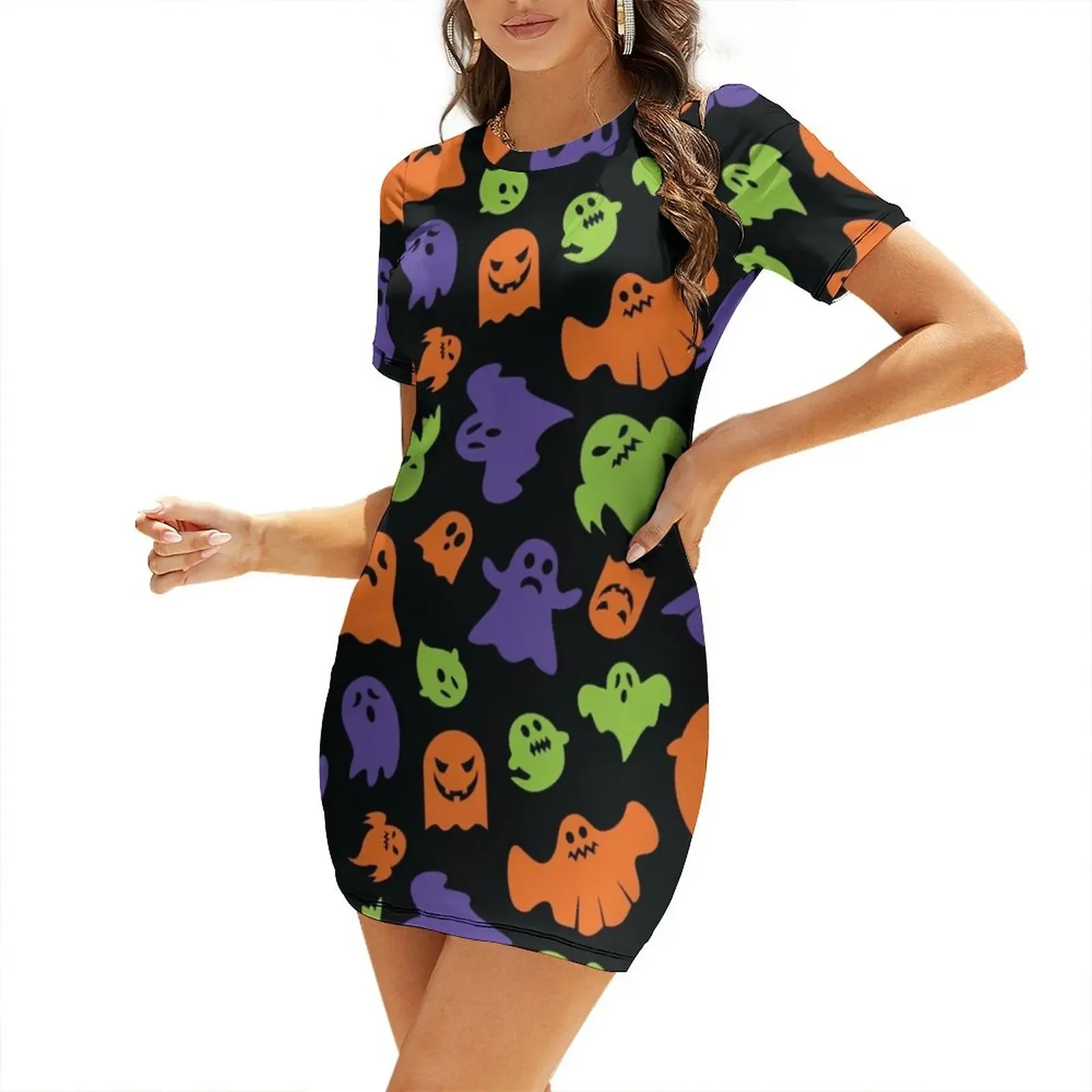 

Halloween Ghosts and Spirits Pattern (Green, Purple, and Orange) Short-Sleeved Dress Women's evening dress Dress