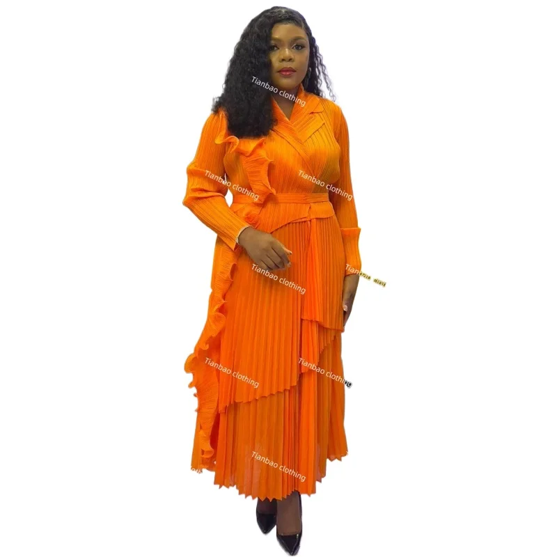 

Miyake Pleated Dress for Women 2025 Solid Color Dense Edge Splicing Tie Suit Collar Long Sleeve Large Size Elegant Pleated Skirt