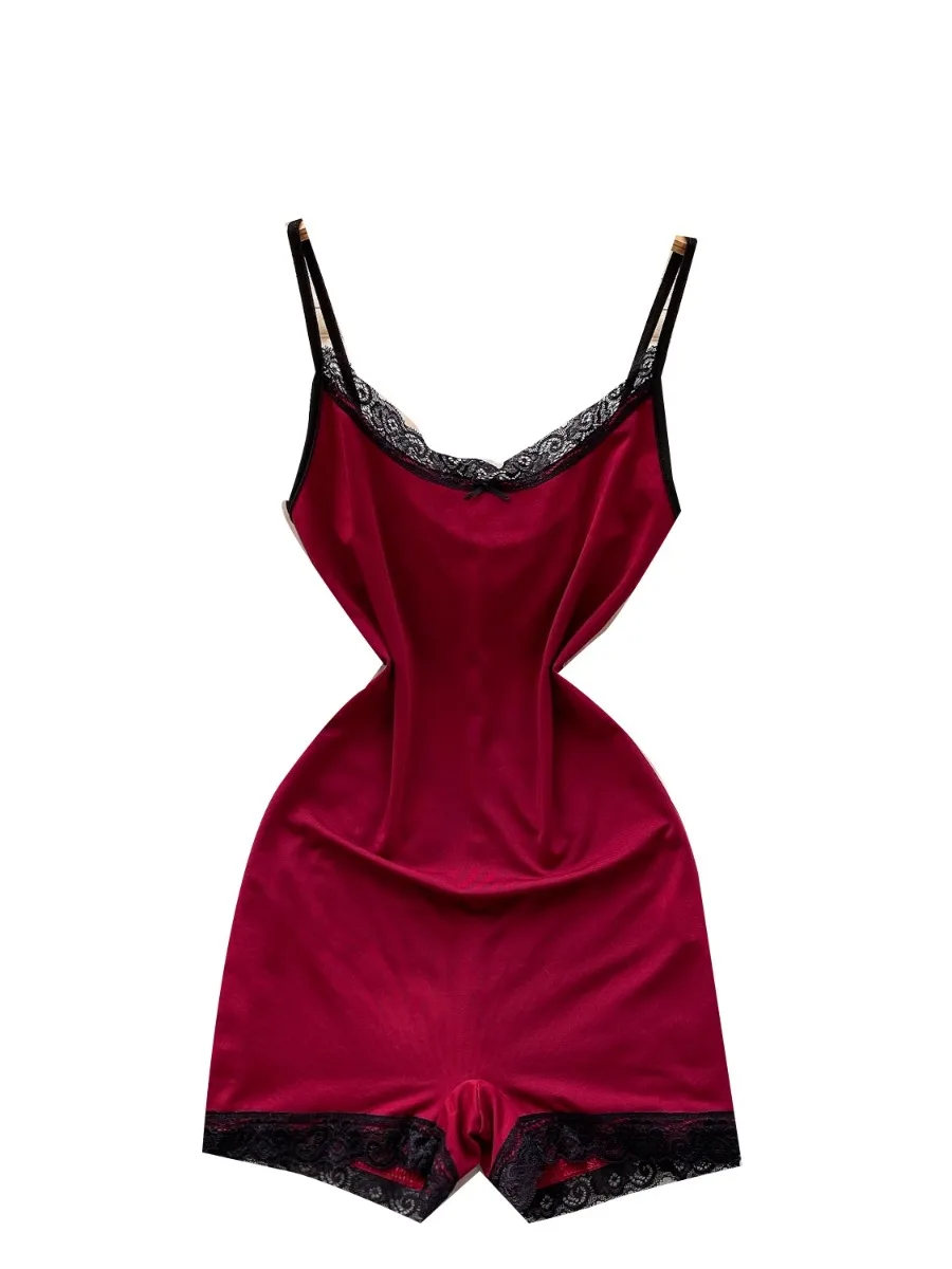 Foamlina-Body Sexy de encaje con tirantes y retazos para mujer, mono ajustado de color burdeos puro, pantalones cortos para esculpir el cuerpo