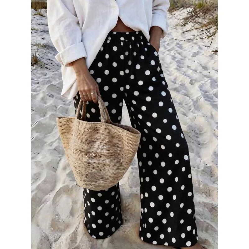 New Loose Casual Pants, Women's Yoga Pants, Breathable Hanging Straight Leg Wide Leg Sports Pants, Spotted Printed Streetwear