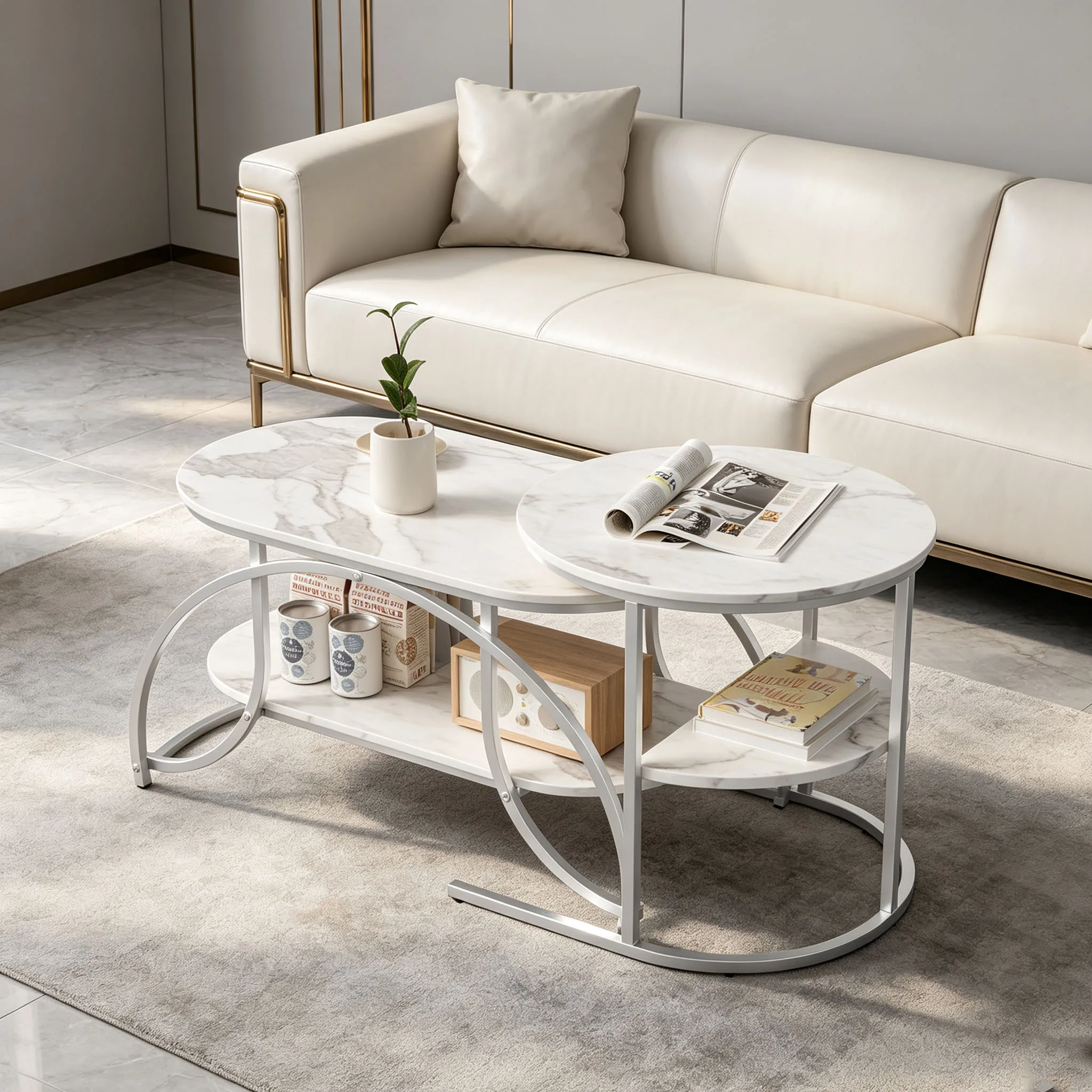 Superaly, Modernes Nest-Couchtisch-Set, Sofatisch, Tischplatte mit Marmor-Effekt und silbernem Metallrahmen, mehrstufiger offener Ablagetisch für Wohnzimmer, Apartment, Wohnmöbel